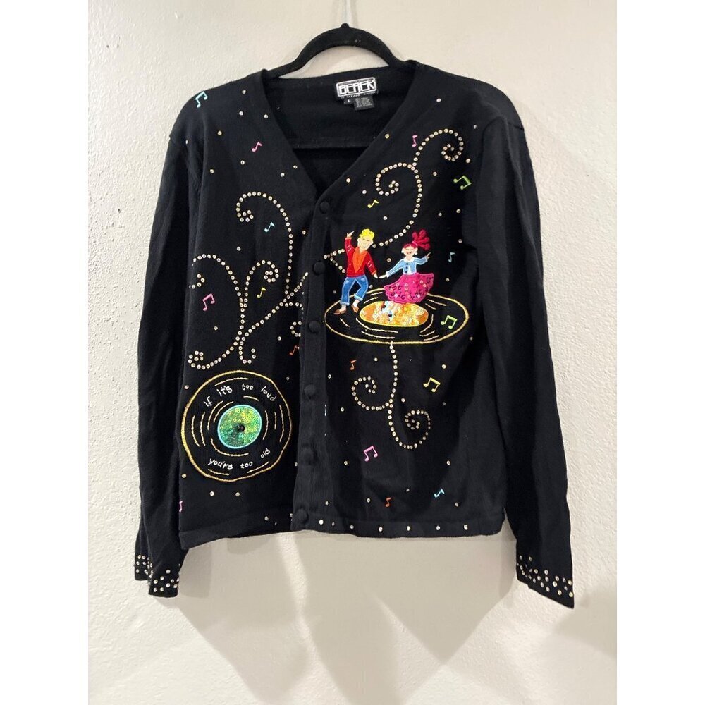 Vintage Berek Sweater Womens L Cardigan music hall of fame Embroidered Appliqué